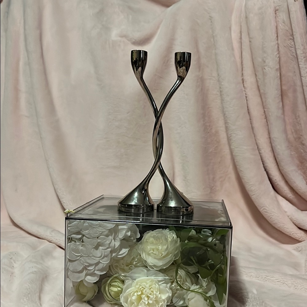 Elegant Silver Candlesticks and Floral Holder